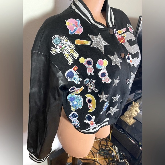 SHEIN Cropped Varsity Style Jacket Black Custom Patch-Work Size M - Picture 4 of 12